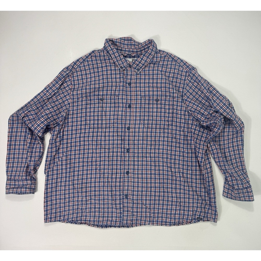 Duluth Trading Men 3XL Untucked Standard Fit Flannel Button Shirt Red Blue Plaid